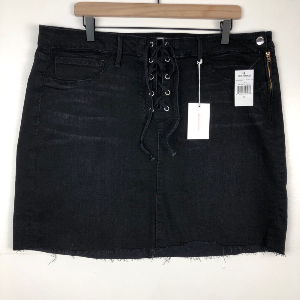 Good American | Lace Up Black Denim Mini Skirt NWT